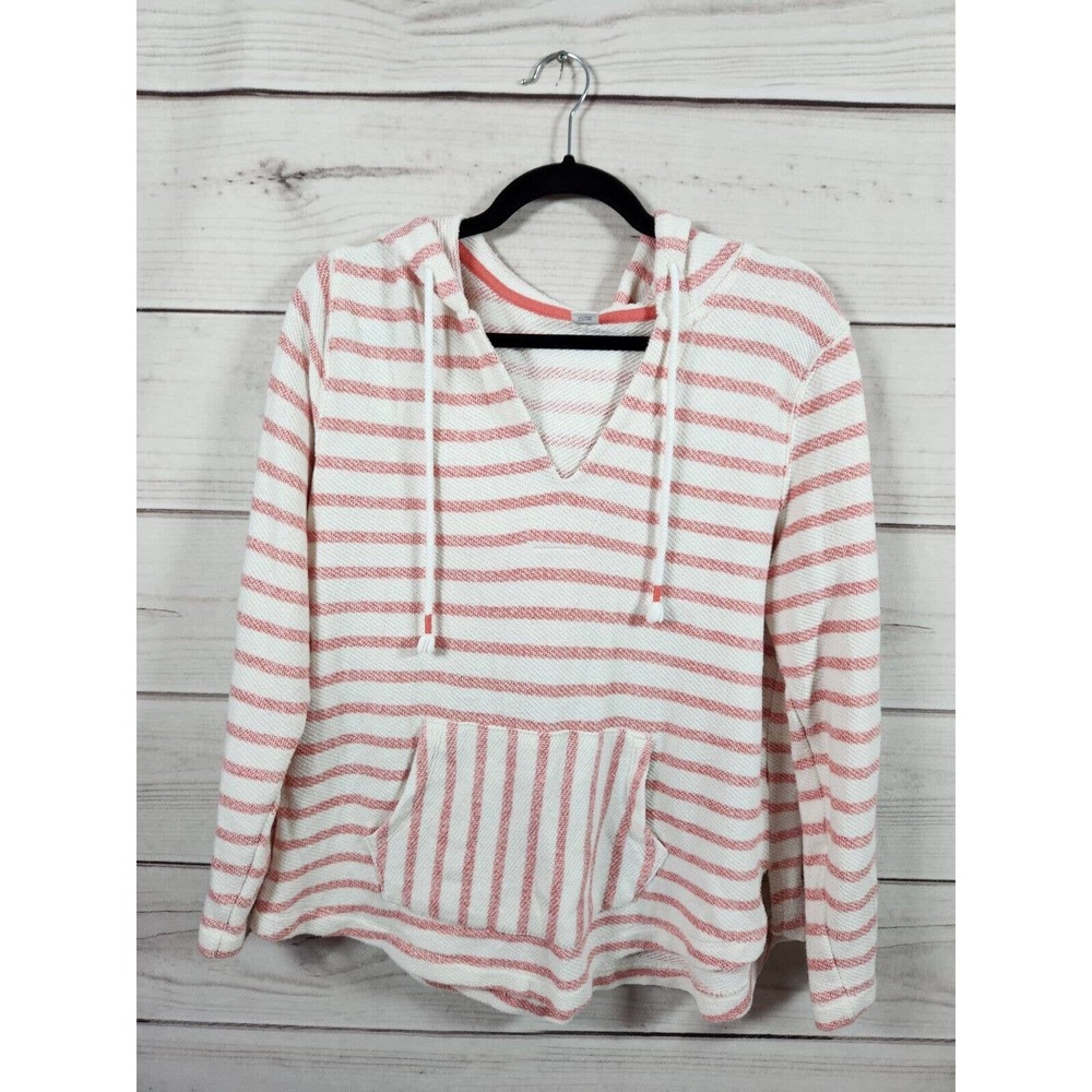 Old Navy Women's White Red Striped Long Sleeve Hooded Beach Fleece Sweater L